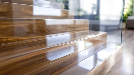 A close-up of polished wooden steps with seamless glass railings in a luxurious, modern house.の素材