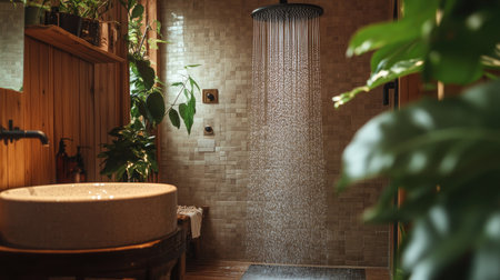 A cozy bathroom with an electric water heater and shower combo, water flowing steadily for a comfortable and warm shower experience.の素材