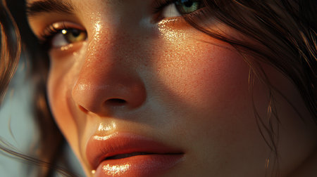 A close-up of a woman's nose, showcasing smooth skin, delicate features, and natural contours, with soft lighting highlighting her beauty.の素材