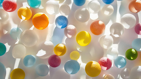A colorful chaos of Styrofoam mini balls in mid-flight, with light and shadow playing across their surfaces.の素材