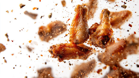 A close-up of crispy roasted chicken wings with spices flying above, creating a dynamic and flavorful scene against a white background.の素材
