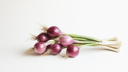 A cluster of red onions with rich purple tones and intact stems, beautifully displayed against a white backdrop.の素材