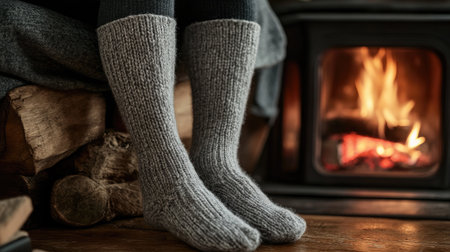 A close-up of a woman's legs wrapped in woolen socks, sitting comfortably by a fireplace with a warm glow in a cozy living room.の素材