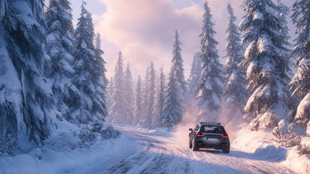 A car with winter tires gliding through deep snow on a road in a forest, surrounded by towering snow-covered trees.の素材