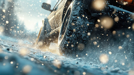 A close-up of a car's winter tires gripping the snow-covered road, with snowflakes falling in the foreground.の素材