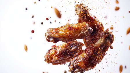 A close-up of crispy roasted chicken wings with spices flying above, creating a dynamic and flavorful scene against a white background.の素材