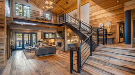 A cozy modern home interior showcasing a wooden staircase with contrasting black metal railings.の素材
