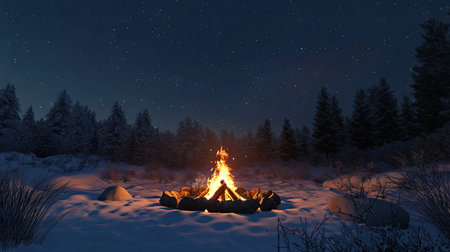 A crackling campfire in a snow-covered clearing, with a ring of stones framing the flames under a clear, starry night sky.の素材
