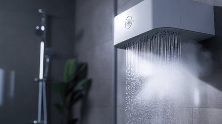 A close-up of a modern electric water heater in a stylish bathroom, with water cascading from the showerhead and steam filling the air.の素材