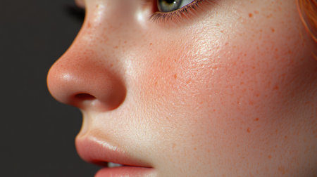A detailed close-up of a woman's nose, with soft lighting bringing out the beauty of her natural features and skin texture.の素材