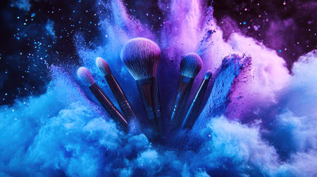 A dramatic splash of blue and purple powder exploding around a set of natural bristle makeup brushes.の素材