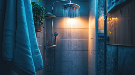 A cozy bathroom with an electric water heater and shower combo, water flowing steadily for a comfortable and warm shower experience.の素材