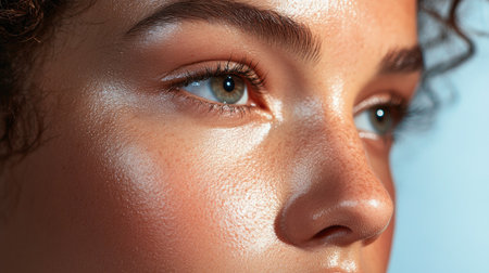 A detailed close-up of a woman's nose, highlighting its symmetry and the fine texture of her skin under soft lighting.の素材