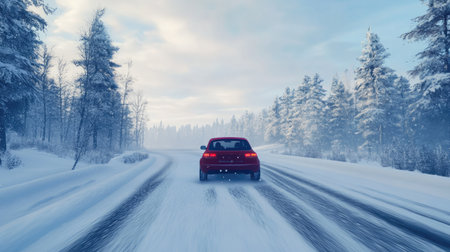 A car with winter tires driving confidently on a snow-covered road, with snowy trees lining the sides.の素材