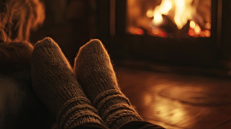 A close-up of a woman's legs in fluffy socks, sitting next to a cozy fireplace, with soft ambient light from the fire.の素材