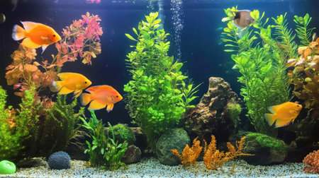 A close-up view of an aquarium tank with bright fish swimming through the water, surrounded by vibrant aquatic plants and corals.の素材