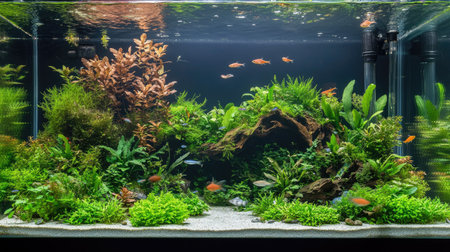 A beautifully designed aquarium tank with a variety of tropical fish swimming freely, creating a peaceful and colorful underwater landscape.の素材