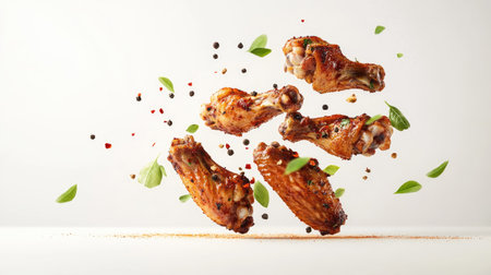 A captivating image of roasted chicken wings with spices flying above, isolated on a white background to highlight the flavors.の素材