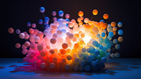 A colorful shower of Styrofoam mini balls bursting outward, illuminated by soft studio lighting.の素材