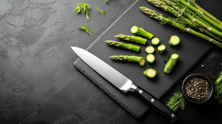 A cutting board with freshly chopped green asparagus pieces and a sharp chef's knife beside it.の素材