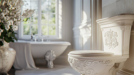 A close-up of a white toilet bowl with a decorative seat in a spacious, stylish bathroom with soft, neutral tones.の素材