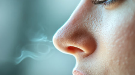 A clear, close-up shot of a woman's nose with an emphasis on its graceful shape, illuminated by soft, natural light.の素材