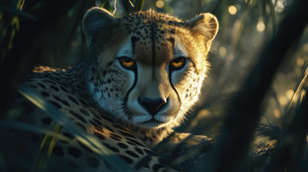 A beautiful closeup of a cheetah, with its piercing eyes and delicately patterned fur, in its natural habitat under soft lighting.の素材