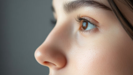 A delicate close-up of a woman's nose with minimal makeup, showcasing the smooth skin and gentle contours of her face.の素材