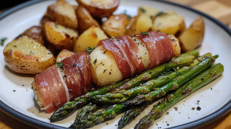 A dinner plate featuring green asparagus wrapped in prosciutto, served with a side of roasted potatoes.の素材