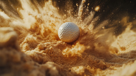 A close-up of a golf ball bursting off a tee in a sand bunker, with fine details of sand in motion.の素材