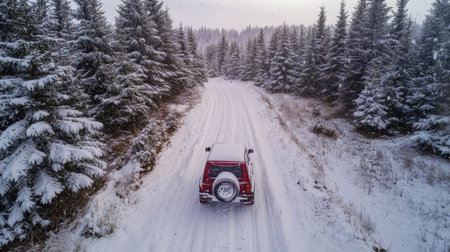 A car with winter tires driving steadily down a snow-covered road, with snow accumulating on the vehicle's roof and hood.の素材