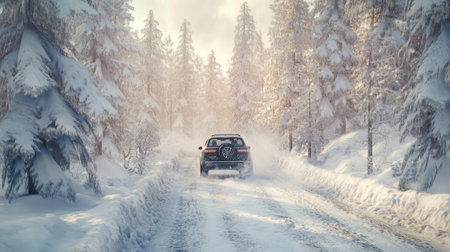 A car with winter tires gliding through deep snow on a road in a forest, surrounded by towering snow-covered trees.の素材