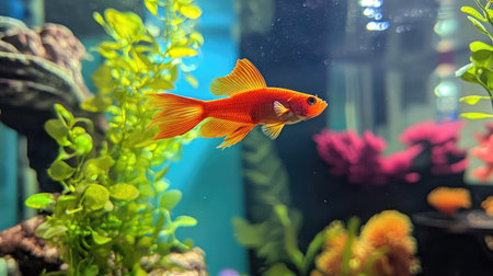 A close-up view of an aquarium tank with bright fish swimming through the water, surrounded by vibrant aquatic plants and corals.の素材