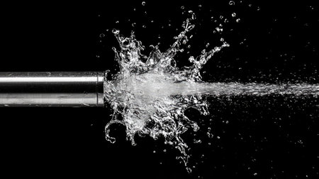 A burst of water spraying from a hole in a stainless steel pipe, isolated on a plain black background for dramatic contrast.の素材