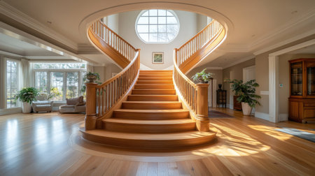 A beautifully designed wooden staircase, illuminated by natural light from a skylight above, in a contemporary home.の素材
