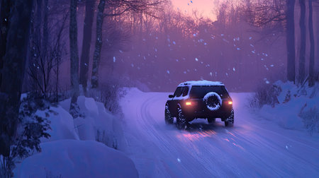 A car with winter tires driving steadily down a snow-covered road, with snow accumulating on the vehicle's roof and hood.の素材