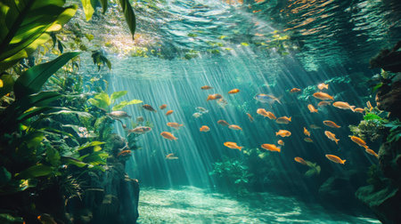 A close-up of an aquarium tank with various fish species swimming gracefully, surrounded by lush greenery and clear water.の素材