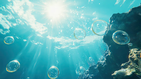 Bubbles floating to the surface with a sunbeam illuminating them in a clear, blue underwater worldの素材