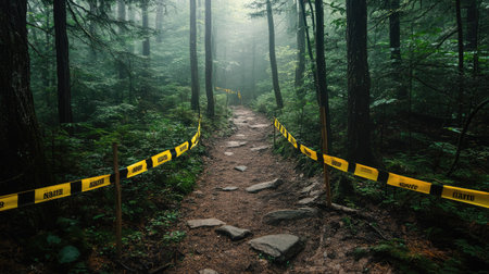 Yellow and black barricade tape blocking a hiking trail in a dense, misty forestの素材