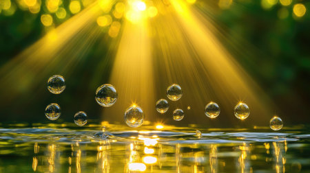 Sunlight beams breaking the water surface, illuminating the bubbles as they rise towards itの素材