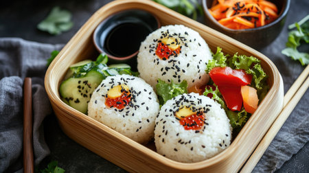 A beautifully presented Japanese bento box with stuffed onigiri, a side of fresh salad, and dipping sauce.の素材