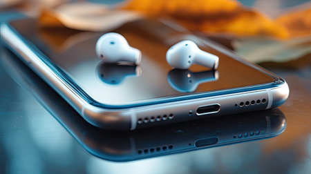 Close-up of earphones resting on a smartphone, showing the charging portの素材