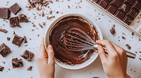 Hands holding a whisk and a bowl of melted chocolate, ready to make chocolate ganacheの素材