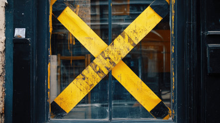 Yellow and black barricade tape forming an X shape on a closed shop window during renovationsの素材