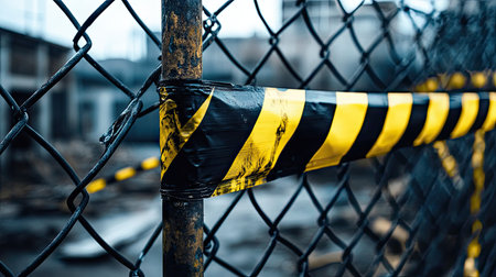 Yellow and black barricade tape fluttering on a chain-link fence at an abandoned factoryの素材
