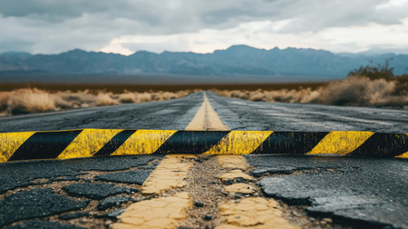 Yellow and black barricade tape blocking a cracked asphalt road with distant mountains in the backgroundの素材