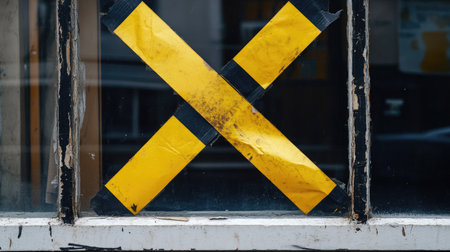 Yellow and black barricade tape forming an X shape on a closed shop window during renovationsの素材