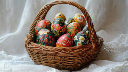 Close-up of a wicker basket overflowing with hand-painted Easter eggs on a white backgroundの素材