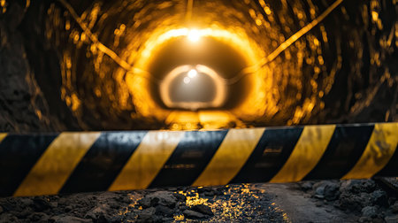 Yellow and black barricade tape blocking the entrance to a dimly lit tunnelの素材