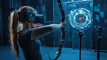 A young woman aiming her bow at a floating target in a futuristic virtual reality training setupの素材